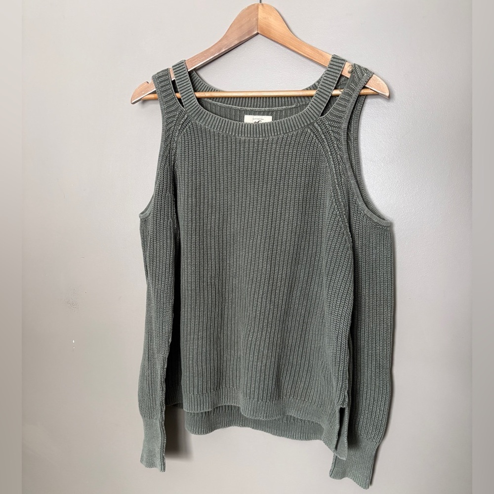 HOLLISTER cold shoulder olive green ribbed knit cotton sweater sz L cute casual - Picture 3 of 16